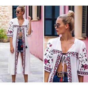 Zara TRF White Embroidered Kimono Maxi Dress Cardigan Duster Sz XS